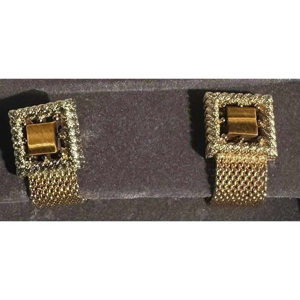 Vintage MCM SWANK Square Oval Tigers Eye Cufflink Set Gold Tone Original Box